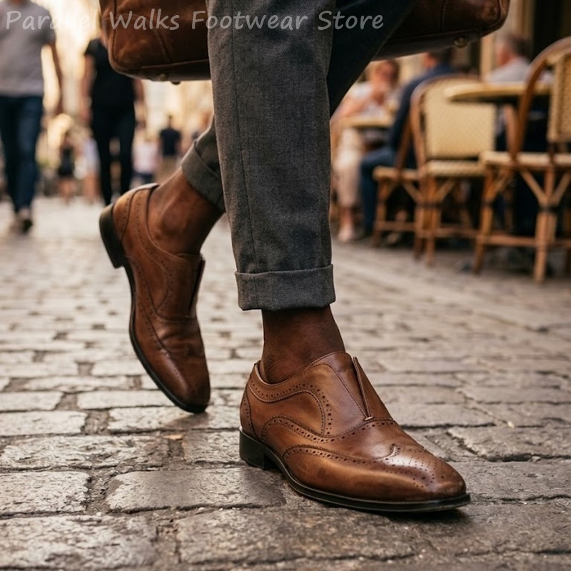 Oxford Shoes Brogue - Мужские коричневые кожаные туфли-броги на резинке